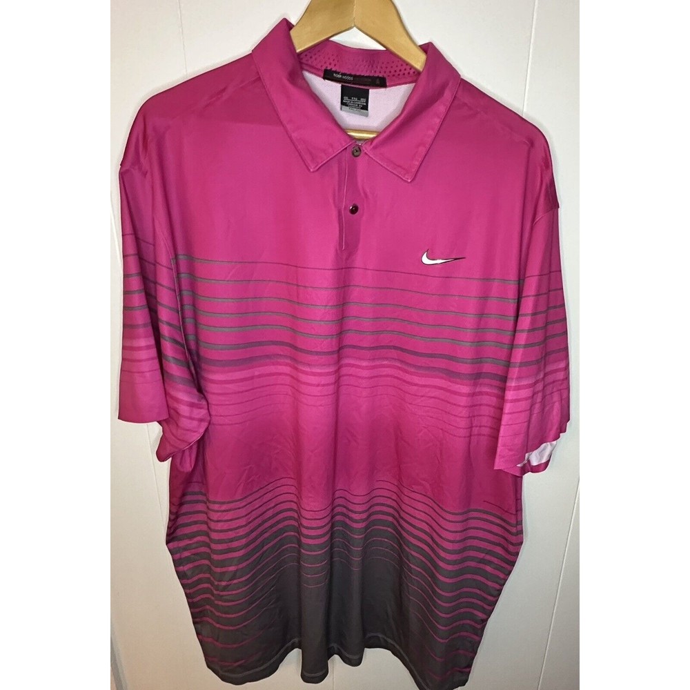 Nike TIGER WOODS COLLECTION Dri-Fit Golf Polo Shirt Pink/Black Striped 2XL Mens
